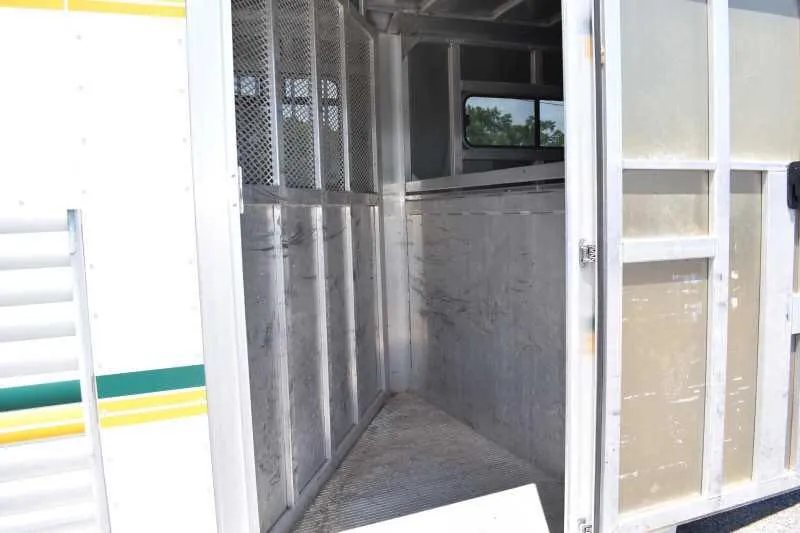 2006 Adam 7302 3 Horse Trailer – Aluminum, Dressing Room – Side entry door open showing the interior divider and floor