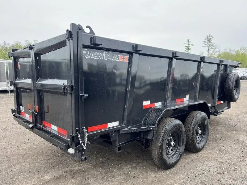 2024 RawMaxx 16 ft Dump Trailer – Tarp Kit – Rear three-quarter view showing the dual rear barn doors