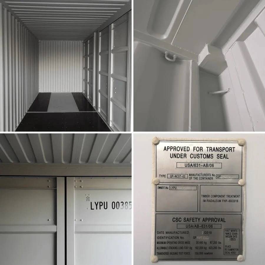 40ft High Cube Shipping Container – 4 Side Doors + End Access – collage of empty container interior, door hardware and certification plate