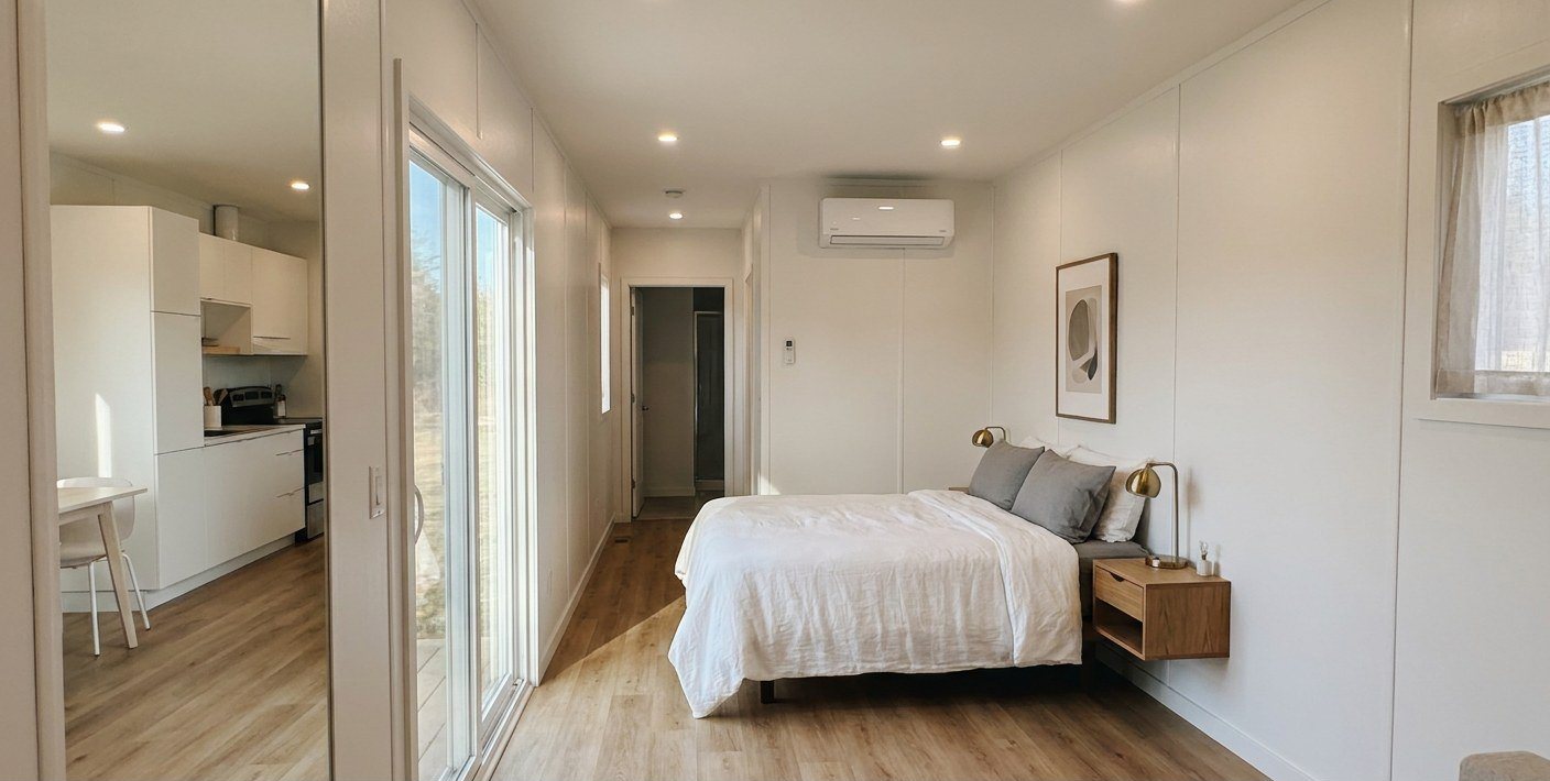 40ft Prefab Container Home – Loft & Covered Deck – Bedroom with mini-split HVAC
