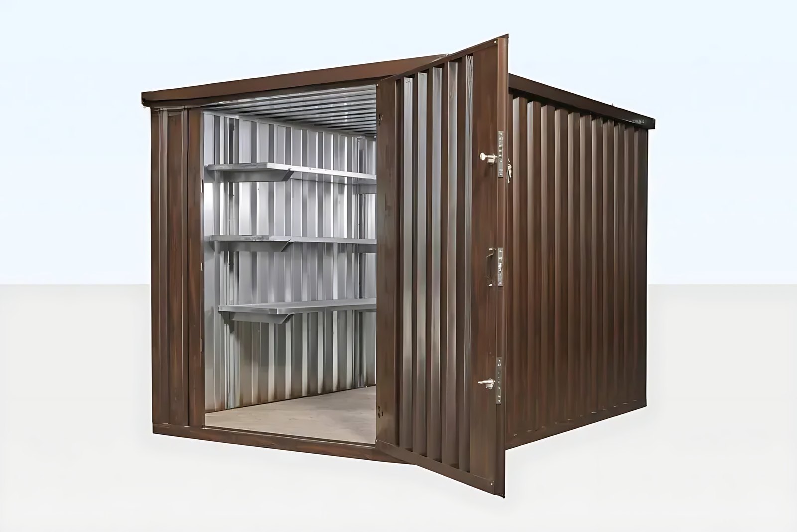 2m Flat Pack Steel Storage Container – Wood-Effect Finish – Three-quarter view of wood-effect store with open door and shelving
