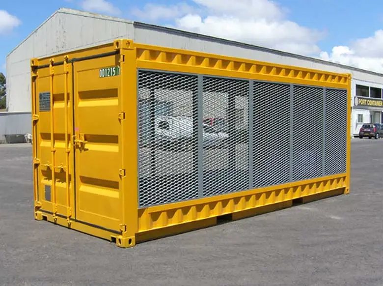 20 ft Gas Cylinder Storage Container – Yellow – Three-quarter exterior view of a yellow gas cylinder storage unit with mesh panels