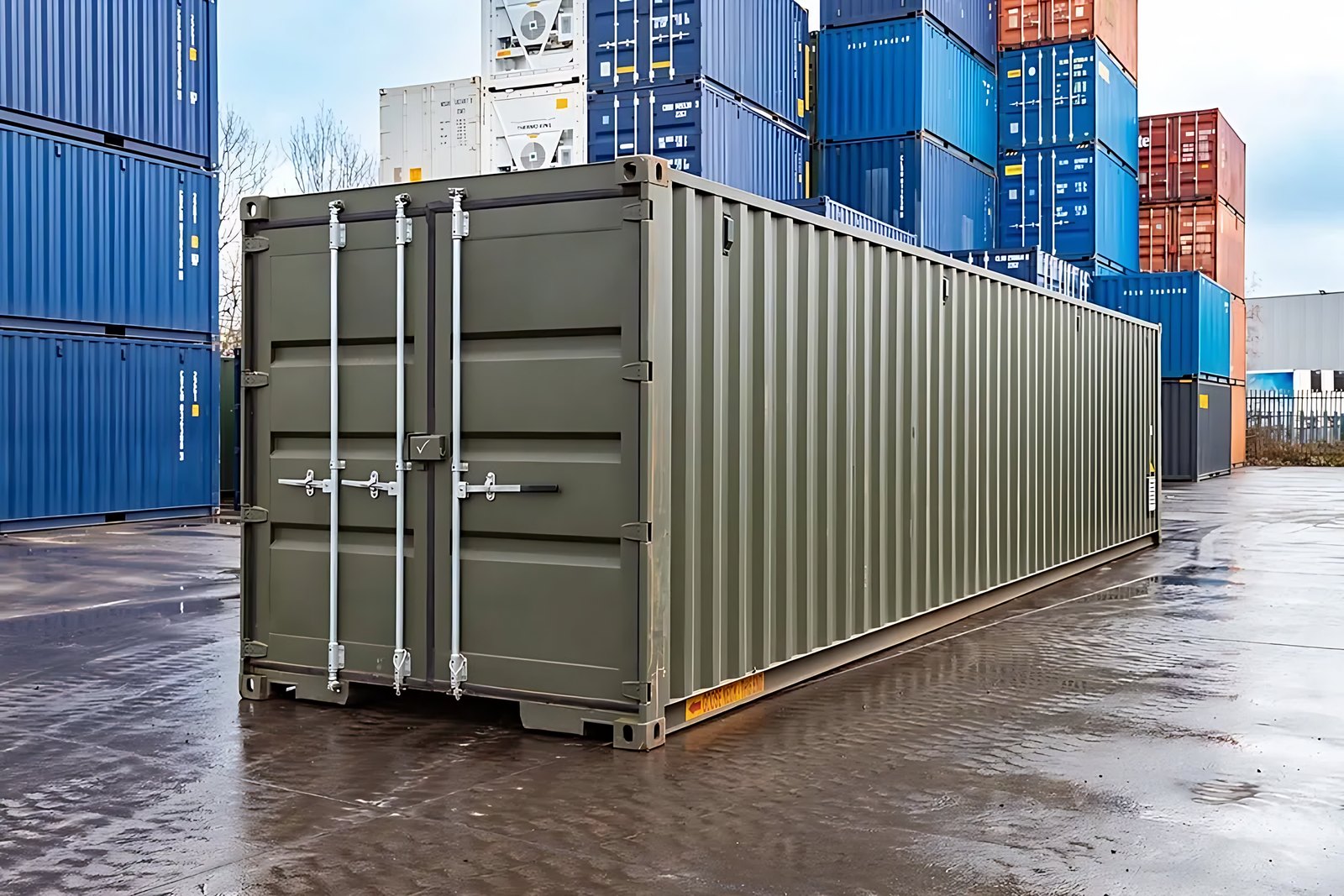40ft Tunnel Container Workshop – Dual-End Access and Shelving – Olive green shipping container with closed doors beside stacked containers in a wet yard