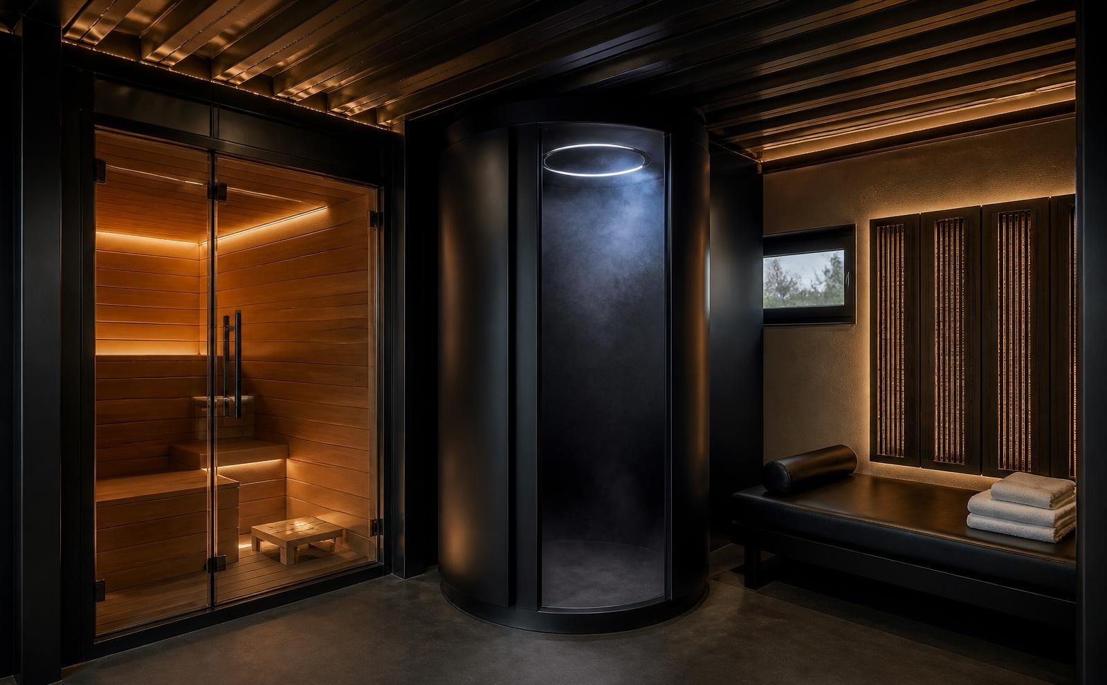 10-Module Container Home – The Ultimate, 3-Bedroom Courtyard – The recovery room features a custom wood-paneled sauna and a misting cryotherapy chamber for professional-grade home wellness
