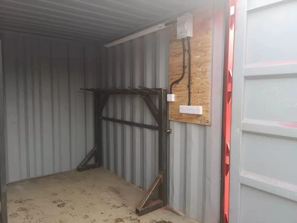 10ft Bespoke Steel Storage Container – Rigging Loft & Tackle Store – empty container interior with steel rack and electrical fittings
