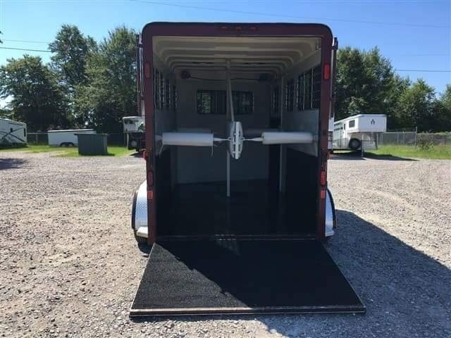2007 Hawk 2 Horse Bumper Pull Trailer – Side Ramp – The rear ramp of the trailer lowered, showing the open stall area