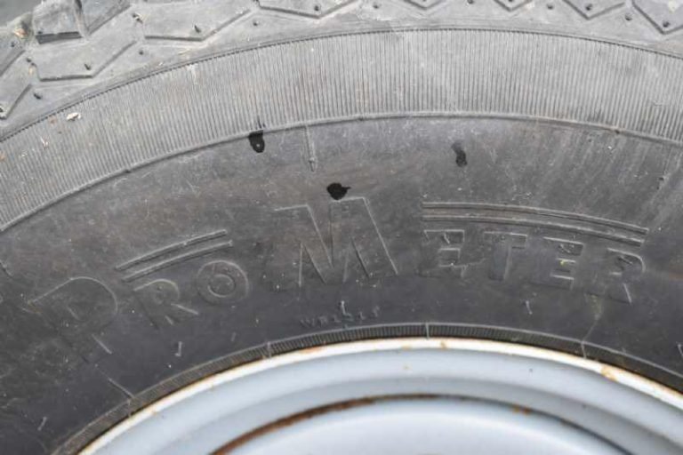 2018 Adam 3 Horse Gooseneck Trailer – Dressing Room – Close-up view of the tire sidewall showing the brand name
