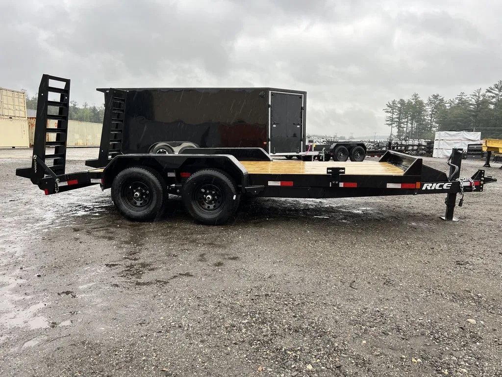 2024 Rice Trailers 16 ft Equipment Trailer – Toolbox – Full side profile view from the right side showing the dual axles and wheels