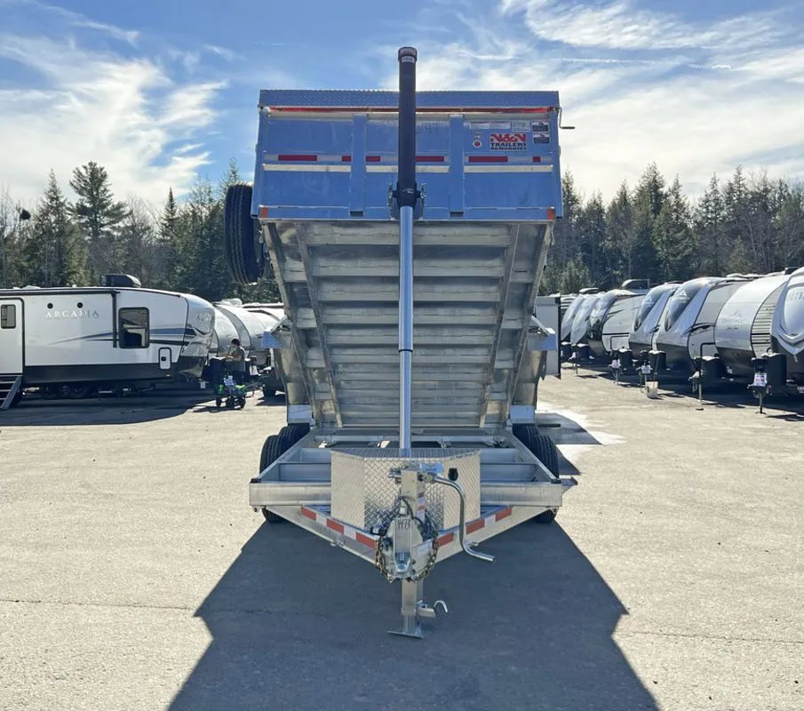 2024 N&N Trailers 14 ft Dump – Galvanized Steel – Straight-on front view of the dump trailer with the bed raised high