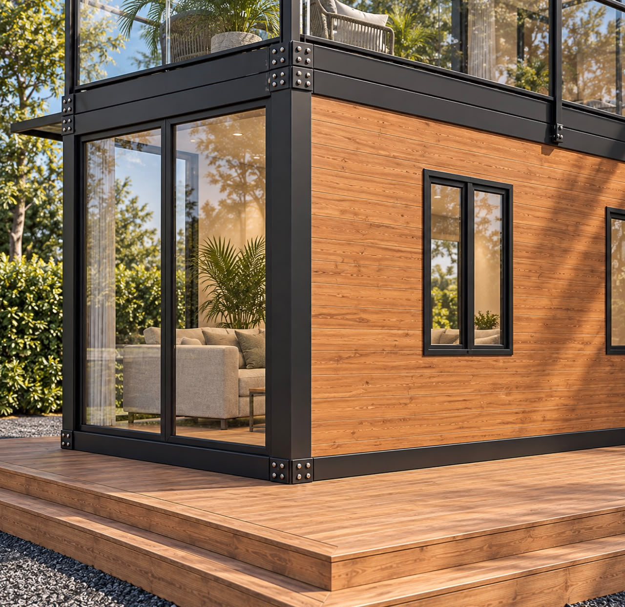 Two-Story Container Home – 1 Bedroom, 2 Baths, Rooftop Deck – Exterior detail showing the glazed living-room entry and side window
