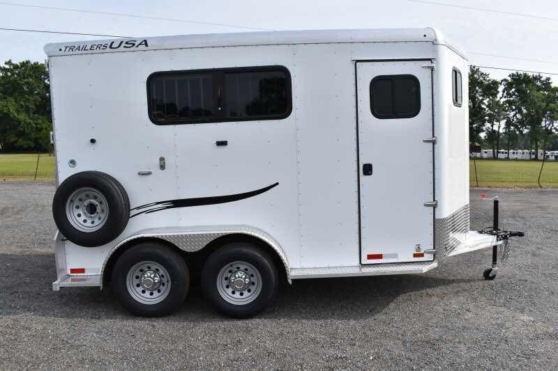 2019 Trailers USA 2 Horse Trailer – Aluminum, Dressing Room – Full side view of the white horse trailer on a gravel lot