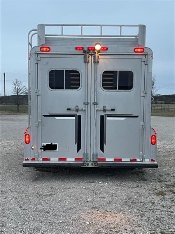 1999 Elite Custom 3 Horse Trailer – Rotating Saddle Rack – Direct rear view of the closed double doors and rear lights