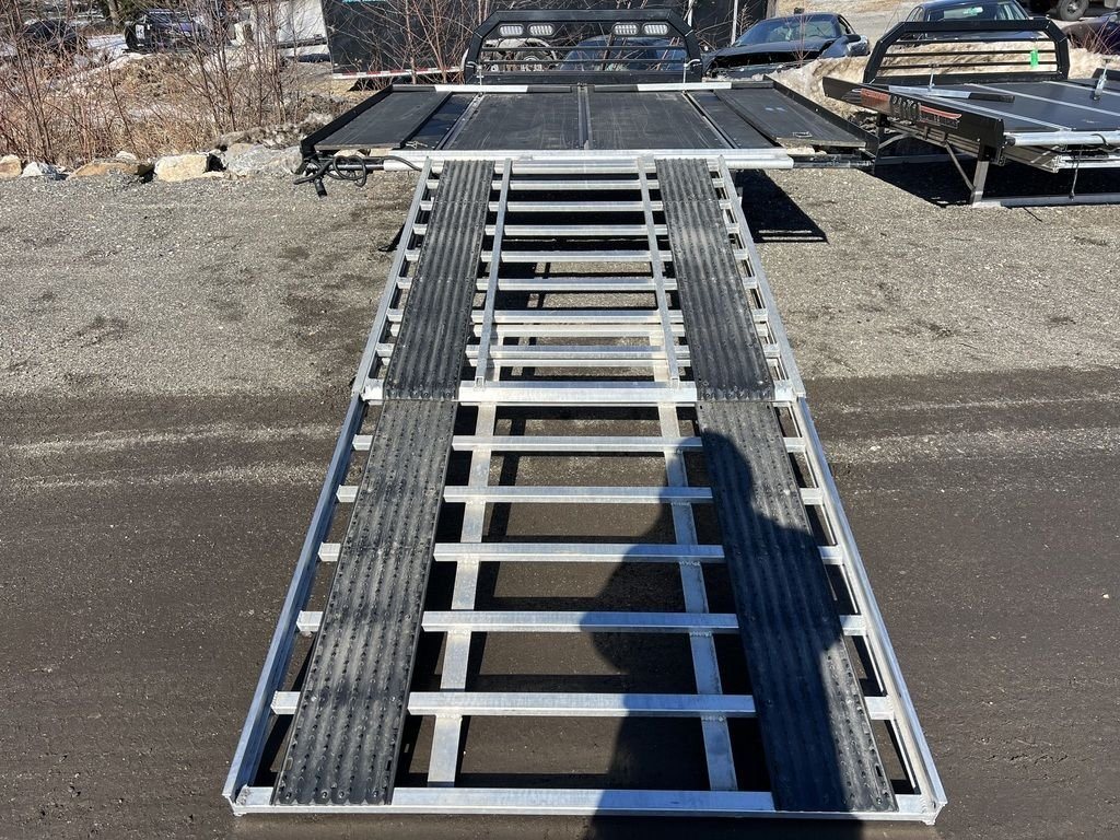 2023 Sno Pro 8 ft Sled Deck – Sliding Sides – Looking down the length of the extended ramp from the ground up