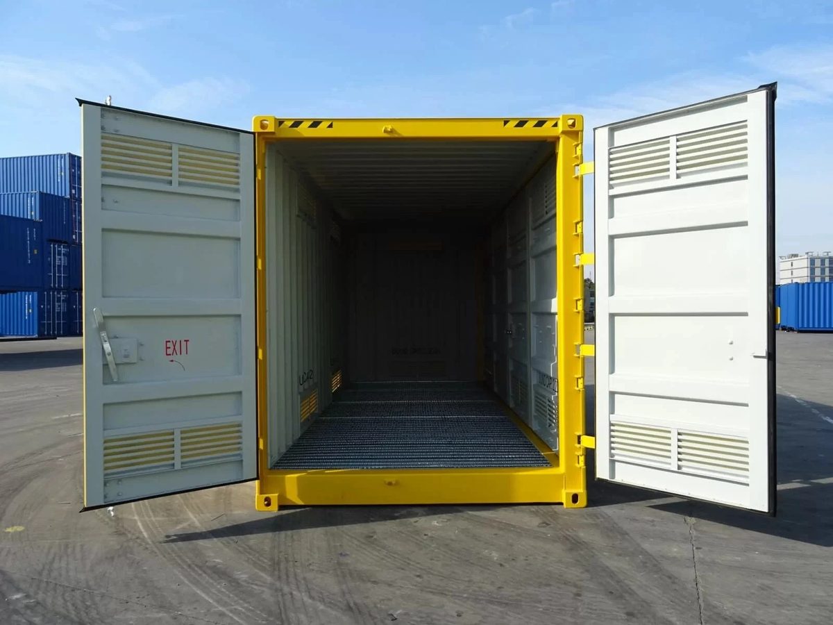 20ft Dangerous Goods Container – Bunded Floor and Ventilation – yellow container with open ventilated doors and grated floor