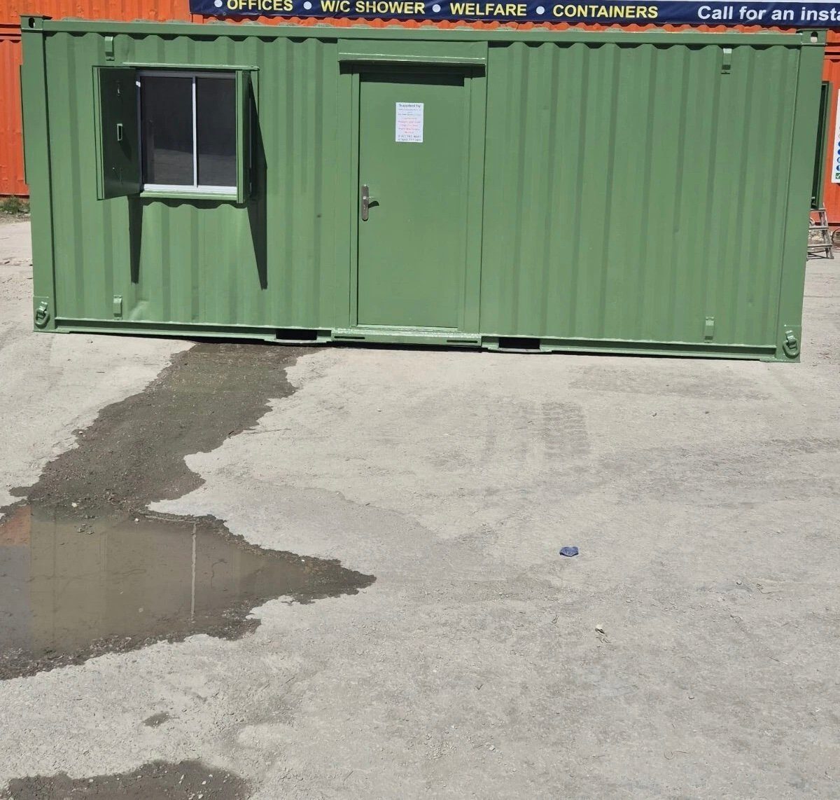20ft Mobile Office Container – Green, Open Plan – green office container with personnel door and shuttered window