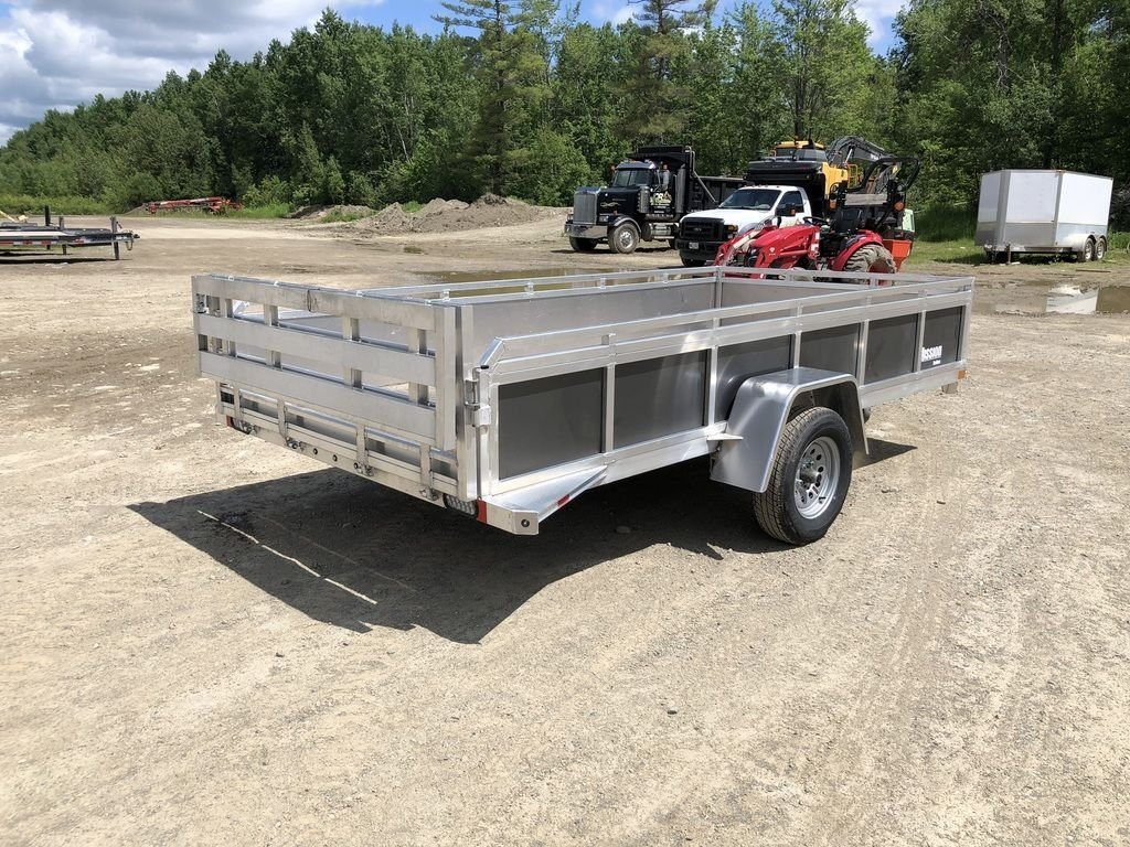 2022 Mission 6 × 12 ft Utility Trailer – Rear Ramp – Three-quarter rear view of the utility trailer with the ramp in the upright position