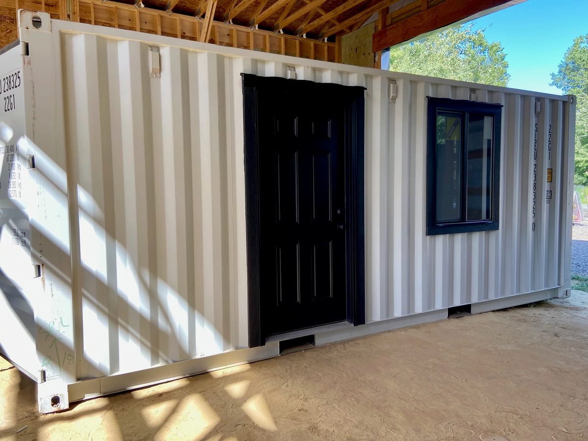 20ft Modular Container Office – LED Lighting, Two Windows – white container office with black entry door and window