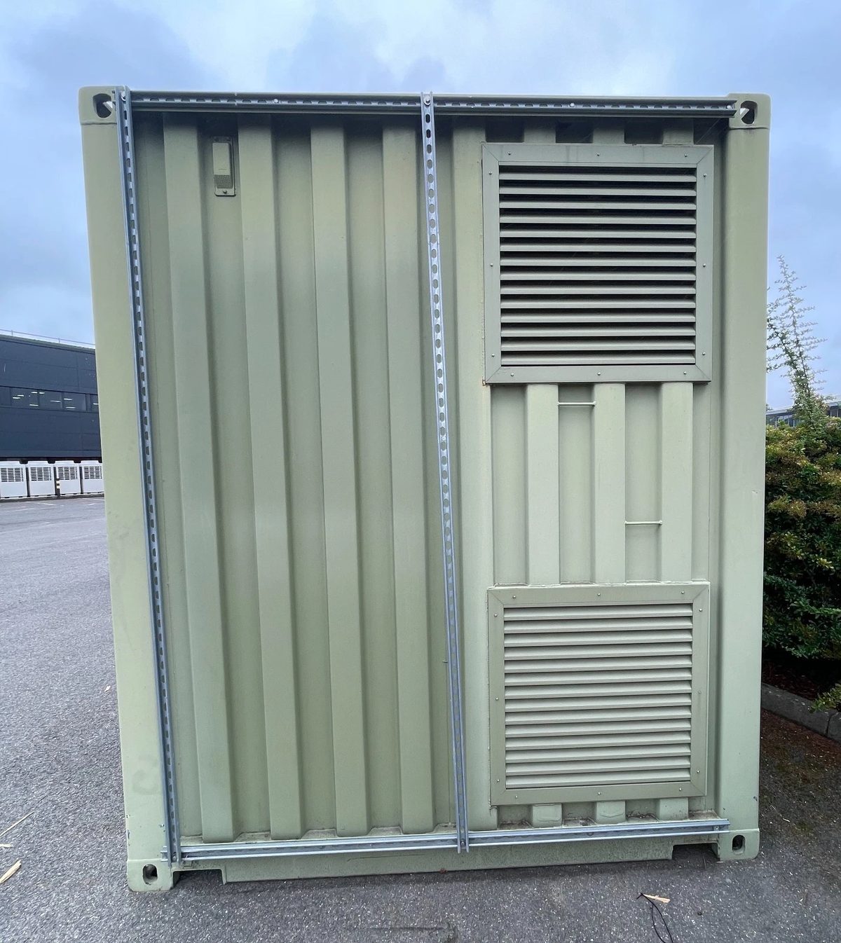 13ft Used Shipping Container – Lock Box Storage – container end wall with two vents and metal mounting rails