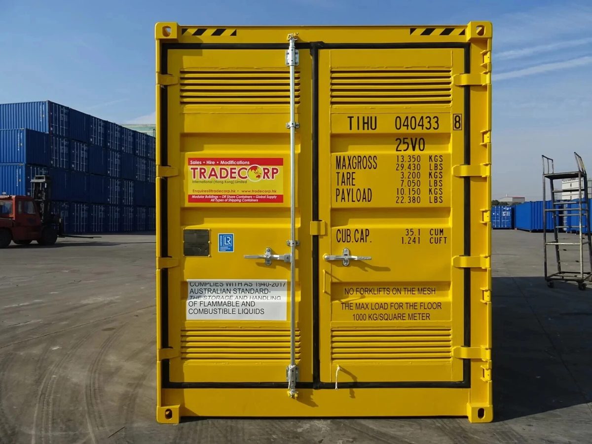 20ft Dangerous Goods Container – Bunded Floor and Ventilation – front view of yellow container with closed vented doors