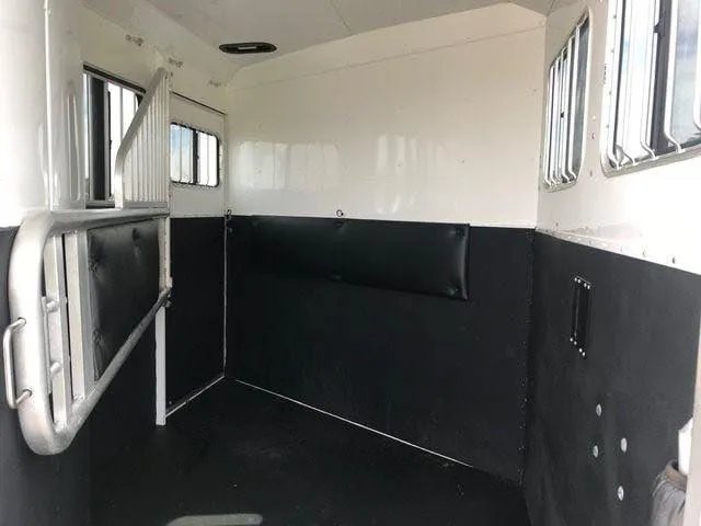 2010 Merhow 2 Horse Slant Trailer – Insulated Roof, Escape Door – Interior horse stall area with padded dividers and rubber mats on walls