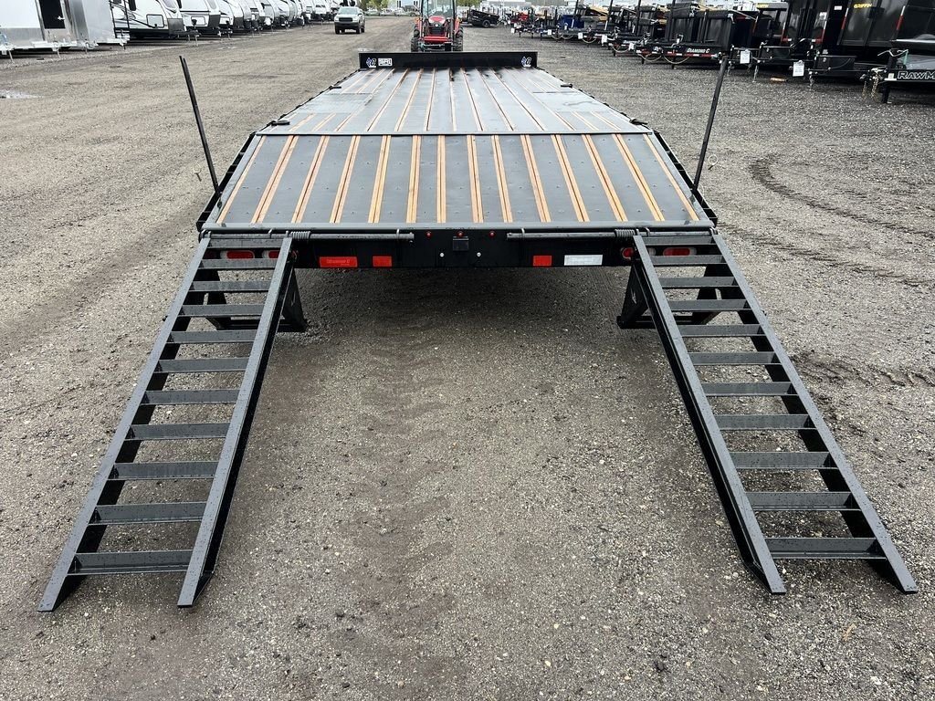 2024 Diamond C 24 ft Deckover – Blackwood Deck – Direct rear view showing the wooden deck and two extended ramps