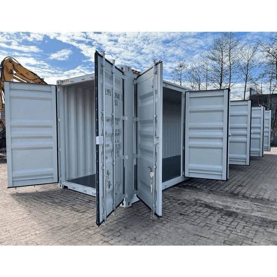40ft High Cube Shipping Container – 4 Side Doors + End Access – three-quarter exterior view with side and end doors open