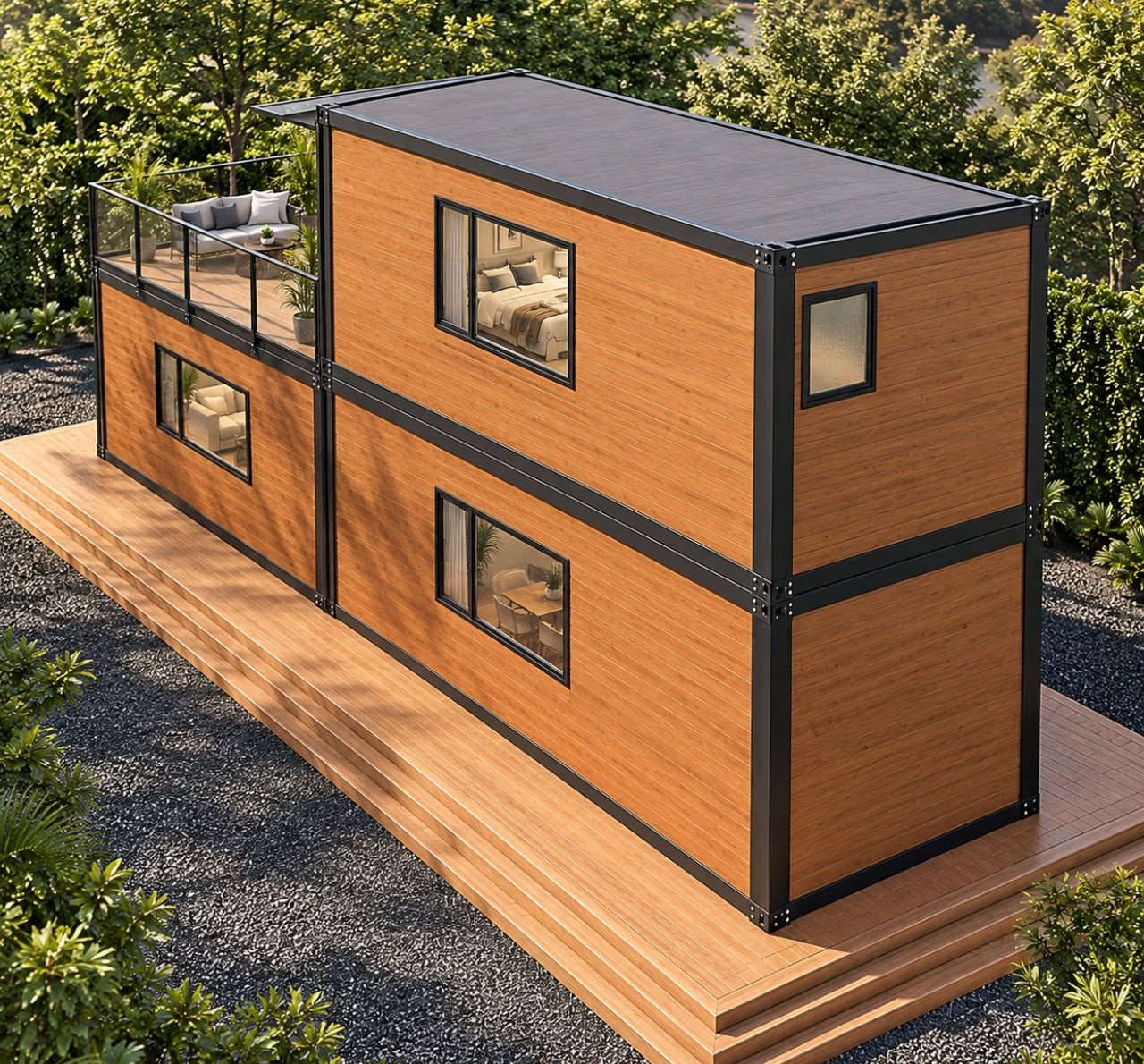 Two-Story Container Home – 1 Bedroom, 2 Baths, Rooftop Deck – Rear three-quarter view showing wood-look cladding and upper-level windows