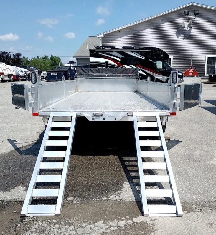 2025 Mission Trailers 16 ft Dump Trailer – Aluminum – Rear view with ramps out and both barn doors fully open