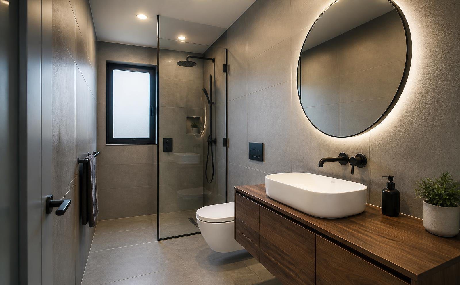 10-Module Container Home – The Ultimate, 3-Bedroom Courtyard – The primary bathroom features high-end stone finishes, a floating walnut vanity, and a custom walk-in glass shower enclosure