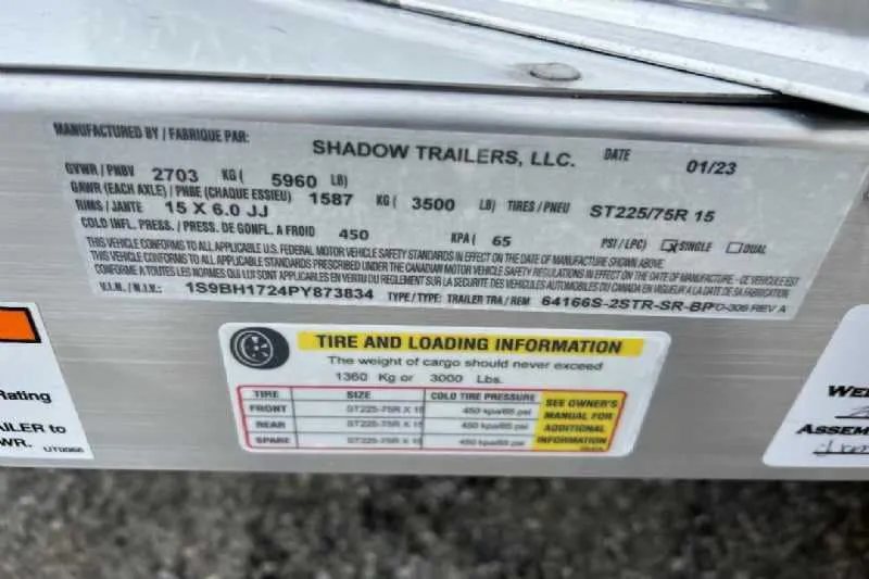 2023 Shadow 2HSSR 2 Horse Trailer – Extended Box – Manufacturer vin and loading information sticker on metal frame