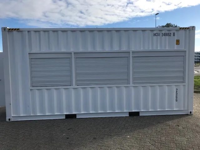 20ft High Cube Observation Office – Shuttered Windows – white container exterior with three closed window roller shutters