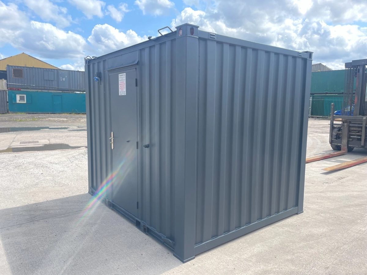 10ft Shipping Container – Unfitted Office Conversion Base – three-quarter exterior view of office container with entry door closed