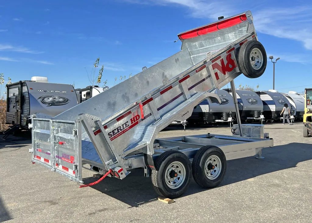 2024 N&N Trailers 14 ft Dump – Galvanized Steel – Rear three-quarter view of the trailer with the bed raised showing frame