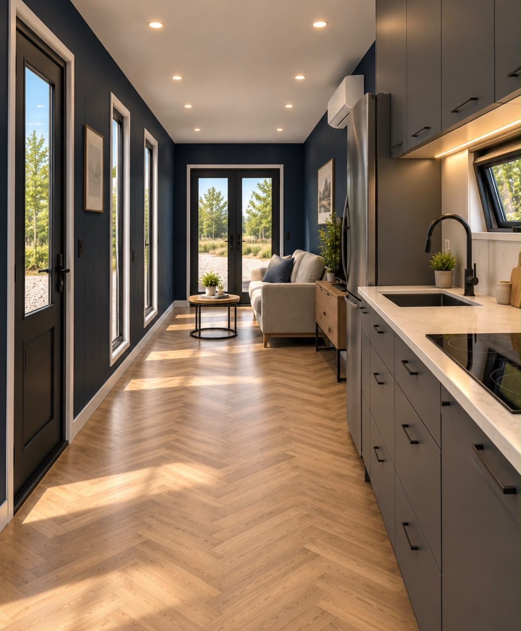 40ft Charcoal Haven Container Home – 1 Bedroom, Galley Kitchen – Galley kitchen looking back toward the lounge and glazed entry