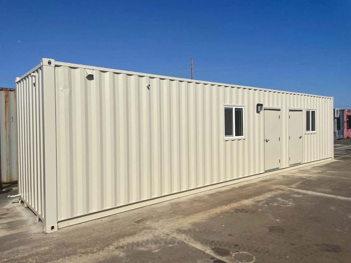 40ft Converted Container Office – Accessible Restroom – three-quarter exterior of container office with two doors and windows