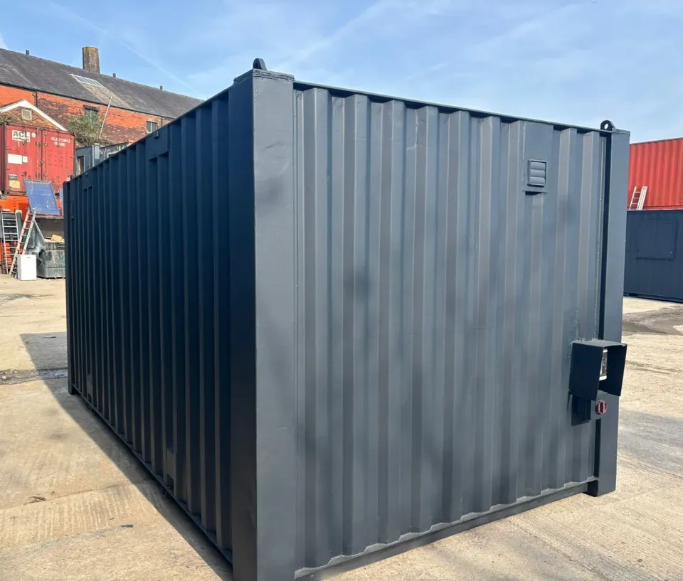 20ft Office & Canteen Container – Partitioned Storage – three-quarter exterior view of grey container with end vent
