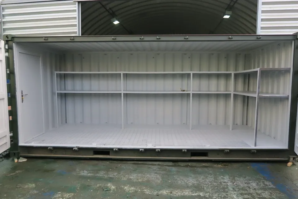 20ft Bunded Storage Container – Integrated Spill Containment – open-sided storage container with shelving and grated floor (5)
