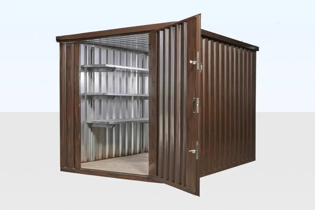 2m Flat Pack Steel Storage Container – Wood-Effect Finish – Three-quarter view of wood-effect store with open door and shelving