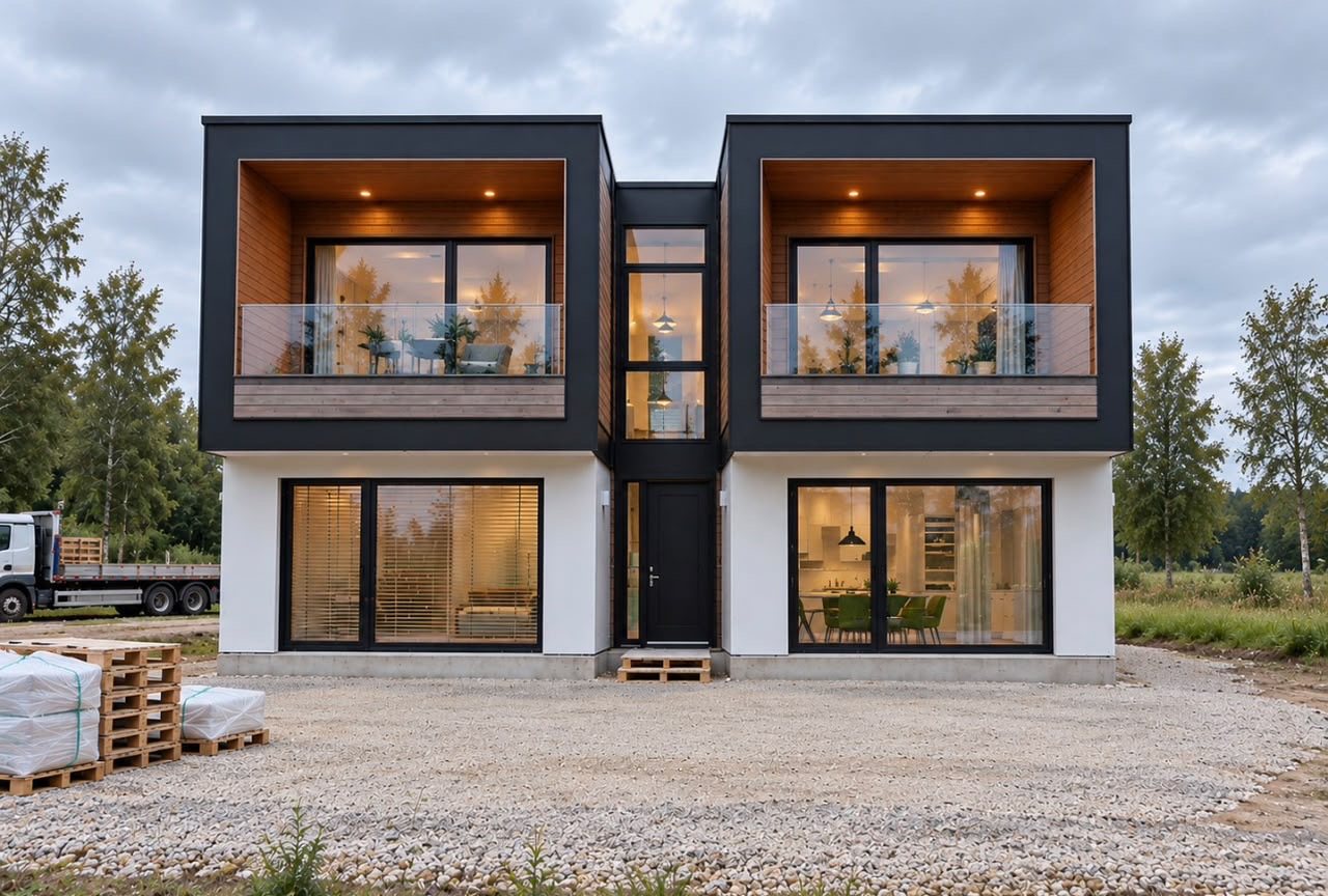 Four-Module Container Home – 3 Bedrooms, 2 Stories – Open-plan living and dining area with direct exterior glazing