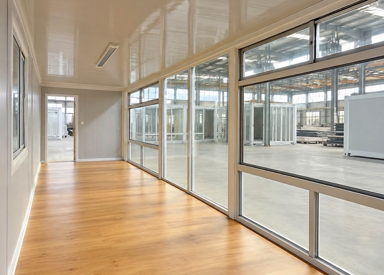 40ft Glazed Open-Plan Container – Lined Interior, Blue – 40ft Glazed Open-Plan Container — Interior Glass Window Wall
