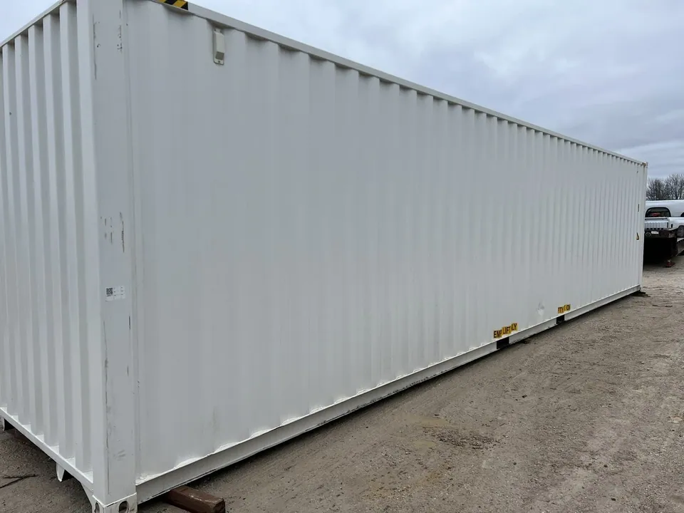 40ft High Cube Shipping Container – One-Trip, Double Doors – angled exterior view of white container side and closed end