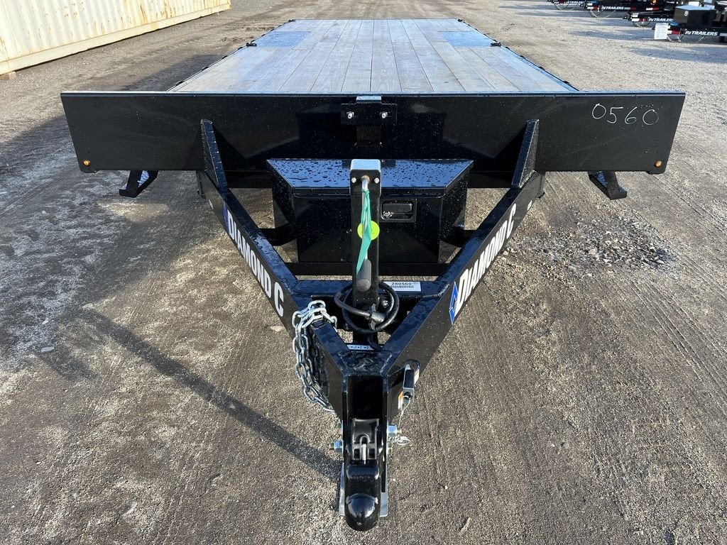 2024 Diamond C 22 ft Deckover Trailer – Slide-In Ramps – Straight-on front view from the hitch looking down the trailer deck