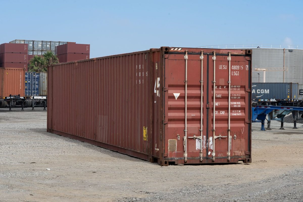 45ft High Cube Shipping Container – Used, Cargo Worthy – three-quarter exterior view of weathered container with cargo doors closed