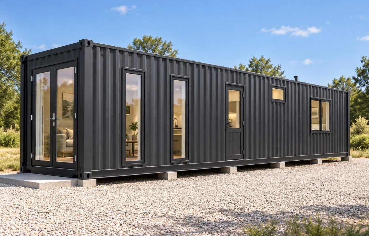 40ft Charcoal Haven Container Home – 1 Bedroom, Galley Kitchen – Front three-quarter exterior with glazed end entry and long-side openings