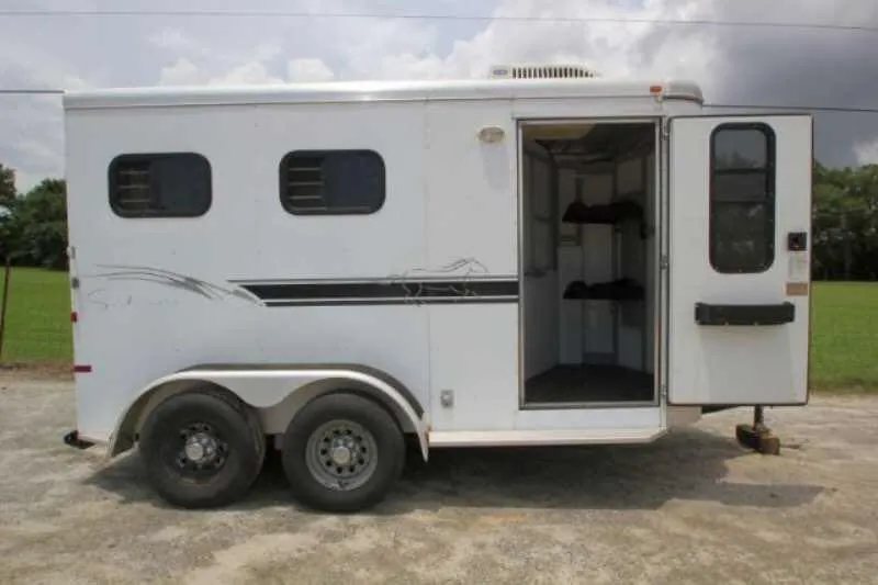 2003 Sundowner 2 Horse Trailer – Dressing Room – Right side view with the front tack room door wide open