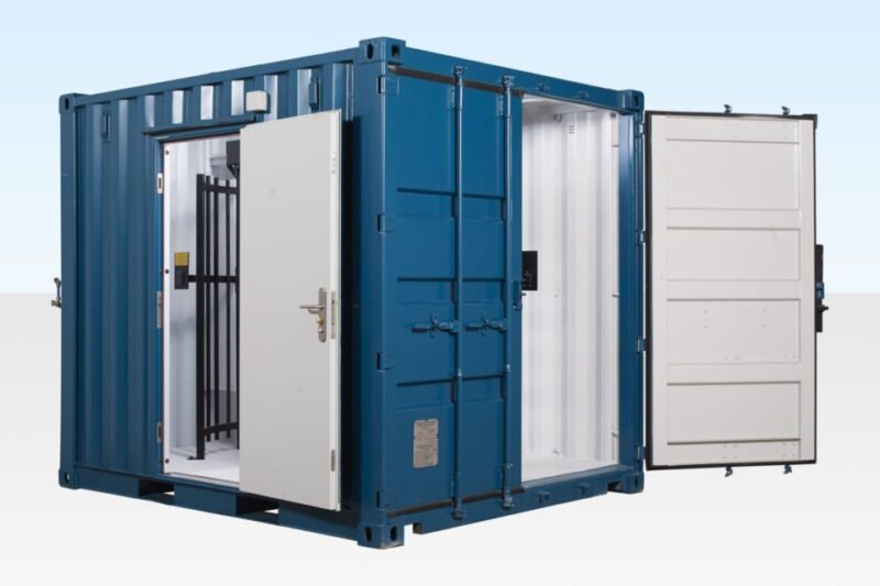 10 ft Single Turnstile Unit – Blue – Exterior three-quarter view of blue security container with personnel door and cargo doors open