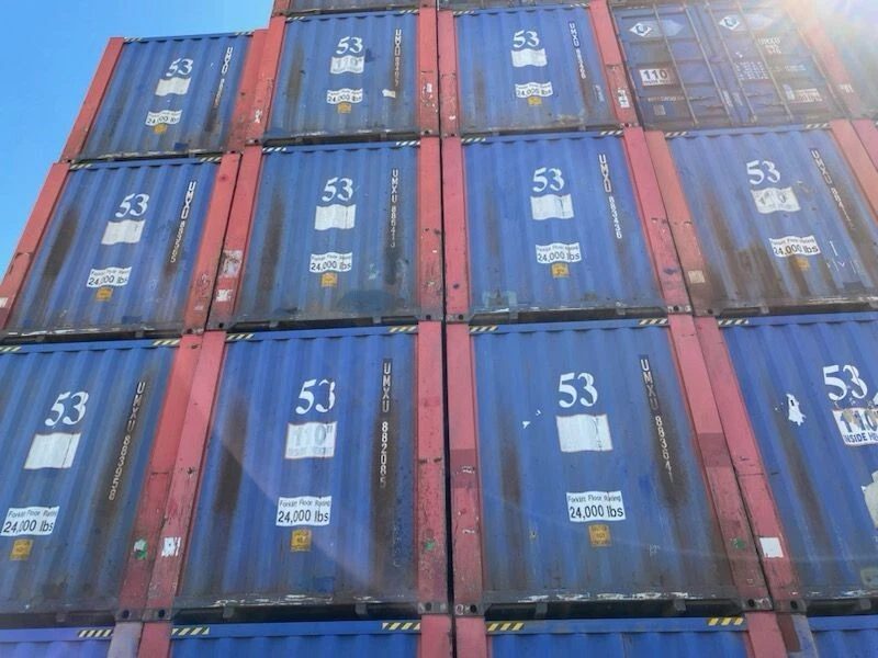 53ft High Cube Steel Shipping Container – Double End Doors – stacked blue shipping containers viewed from below