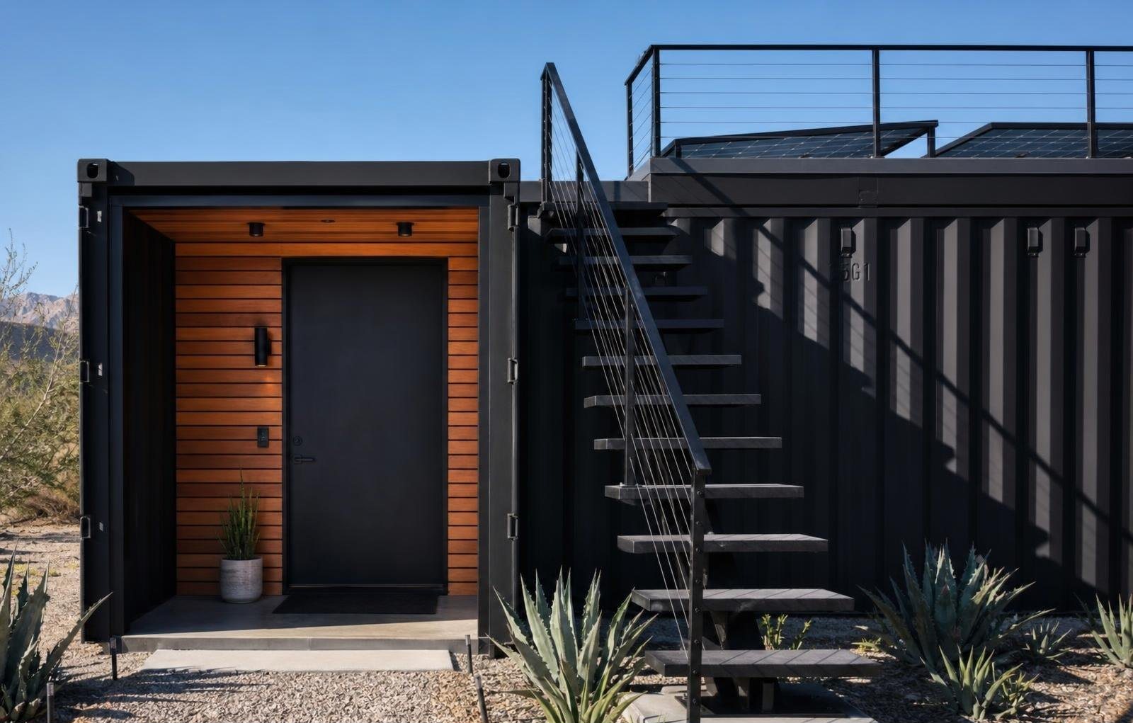 10-Module Container Home – The Ultimate, 3-Bedroom Courtyard – A dedicated home office module within the luxury courtyard villa features custom cabinetry and expansive views of the private garden