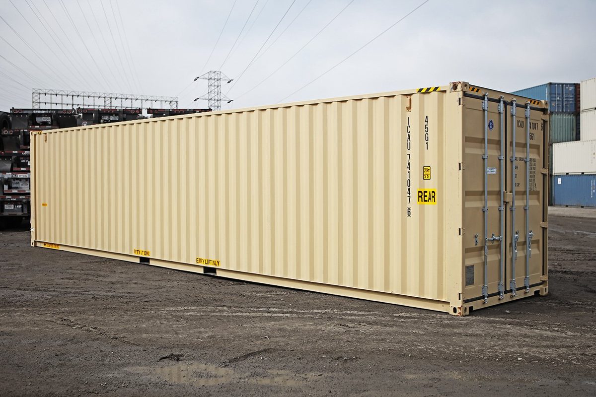 40ft High Cube Shipping Container – New, One-Trip – three-quarter exterior view of beige container with cargo doors closed