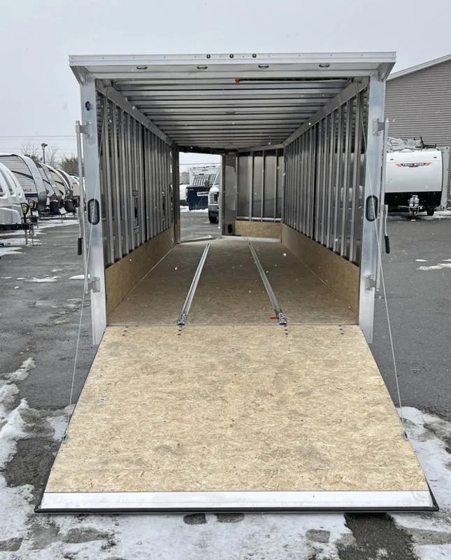 2024 E-Z Hauler 24 ft Trailer – Rear Canopy – Looking through the open rear ramp door into the full length interior